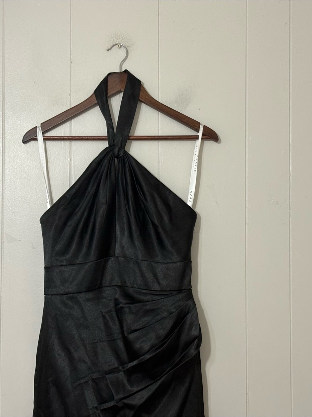 Azazie Zaya Black Satin Halter Dress A8 Formal Slit Sheath Pleated Prom Wedding - Picture 3 of 9